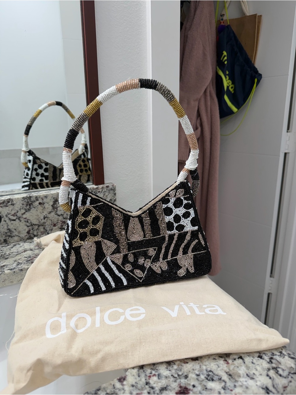 Dolce Vita Black Beaded Abstract Mini Shoulder Bag with Metallic Accents